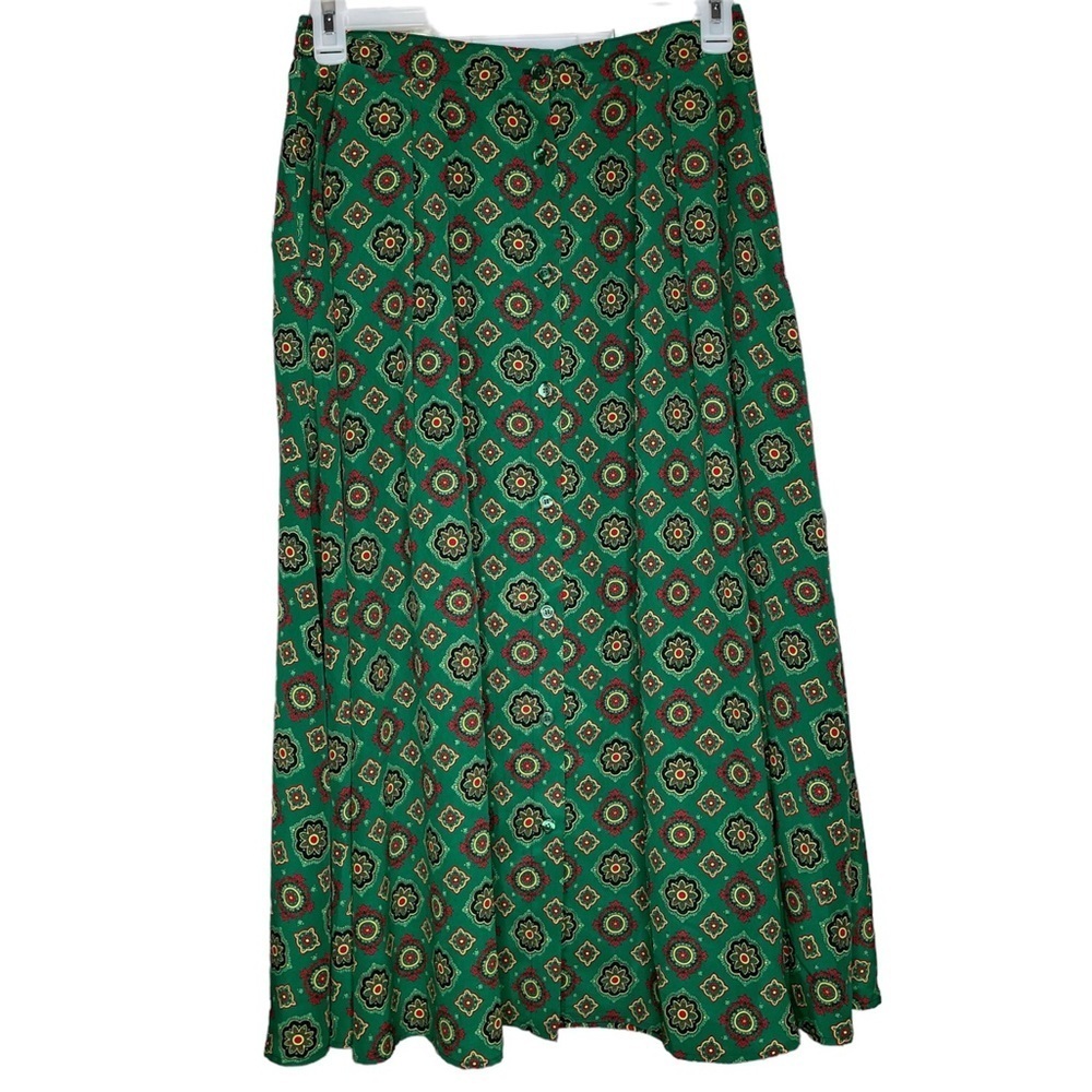 Pendleton midi skirt vintage button front green elastic waist mandala medallion